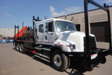 Freightliner 114SD, Palfinger PK18002EH 13,670 lbs capacity, 25'11 reach, 20 ft custom section body with storage and railracks, 5/10 GPM tool circuit, Harsco Hy-Rail, strobe and spotlight package
