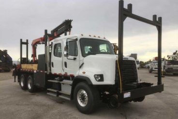Freightliner 108SD, Palfinger PK14002EH 13,440 lbs capacity, 26'7 reach, 16 ft custom section body with storage and railracks, 5/10 GPM tool circuit, Harsco Hy-Rail, strobe and spotlight package