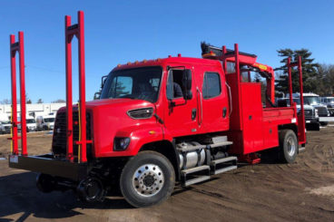 Freightliner 108SD, Palfinger PK 8.501SLD 12,570 lbs capacity, 24 ft reach, 14 ft section body with storage and railracks, 5/10 GPM hydraulic tool circuit, DMF Hi-rail, strobe and spotlight package