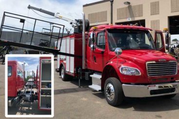 Behind-cab mounted catwalk with hydraulic stabilizer and street-side access