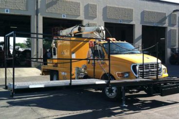 Front-mounted catwalk on sign maintenance truck