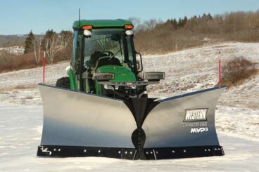 Western Plows contractor grade MVP3 v-plows work with tractors and farm equipment for clearing snow around the property