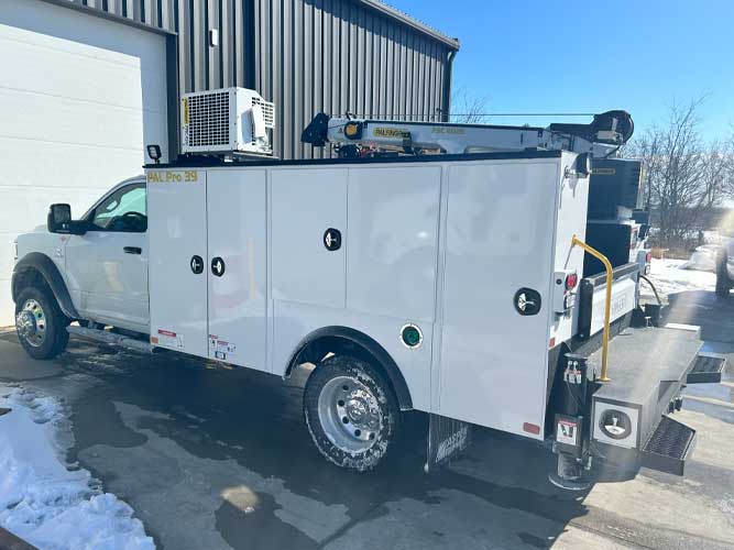 Palfinger 11 foot steel mechanics body with 60" sidepacks driver's side, 44" passenger side horizontal and crane compartment, 6,000 lb capacity 25 foot service crane, mounted on 2024 RAM 5500 4x4 truck