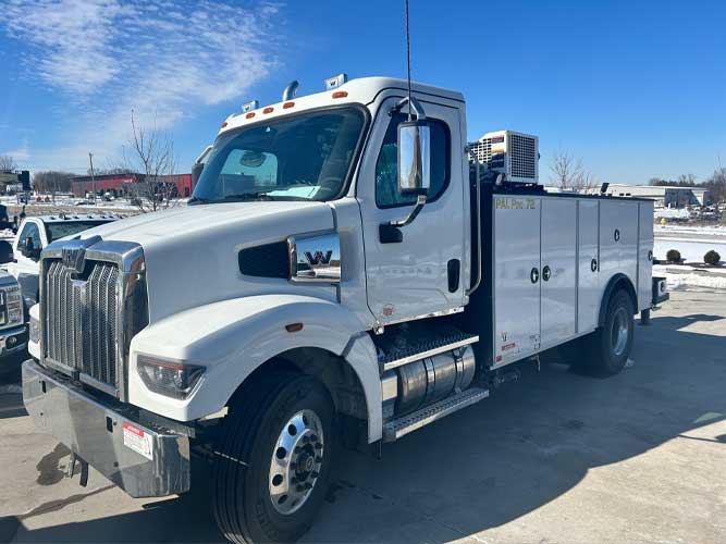 14 ft Palfinger steel mechanics body mounted on 2025 Western Star 47X chassis, 10,800 lb crane capacity, 29 ft boom