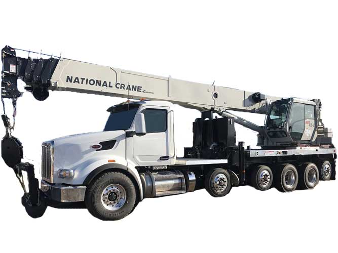 45 ton National Crane boom truck mounted on 2024 Peterbilt 567 with two pusher axles and one tag axle
