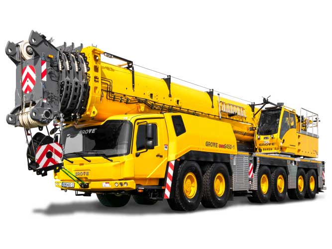 Silhouette cutout image of 6-axle heavy-duty all-terrain crane. The carrier shows Grove GMK6450 labeling on the side.