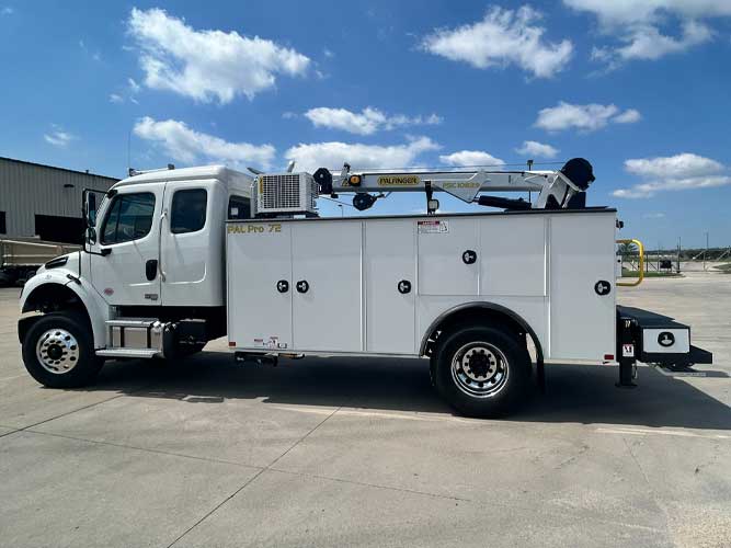 White commercial work truck with Palfinger PSC 10829 crane and PAL Pro 72 body.